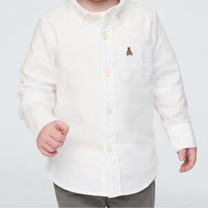 GAP Oxford Classic White Kids Button Up Dress Shirt with Bear Embroidery 6-12M